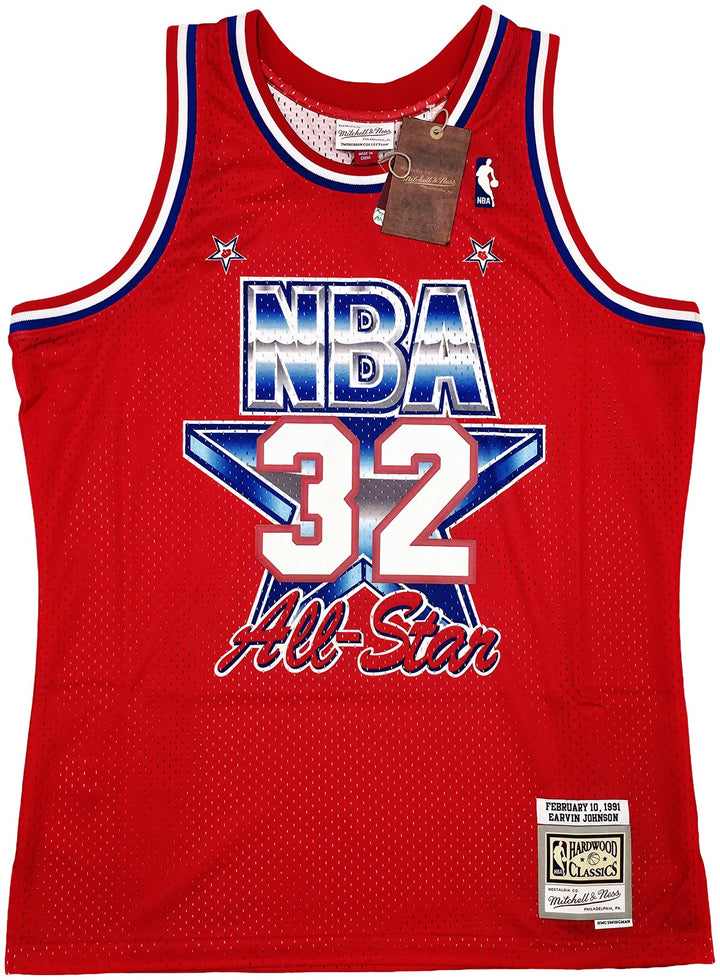 Lakers Magic Johnson Auto Red Mitchell & Ness 1991 ASG Swingman Jersey L Beckett