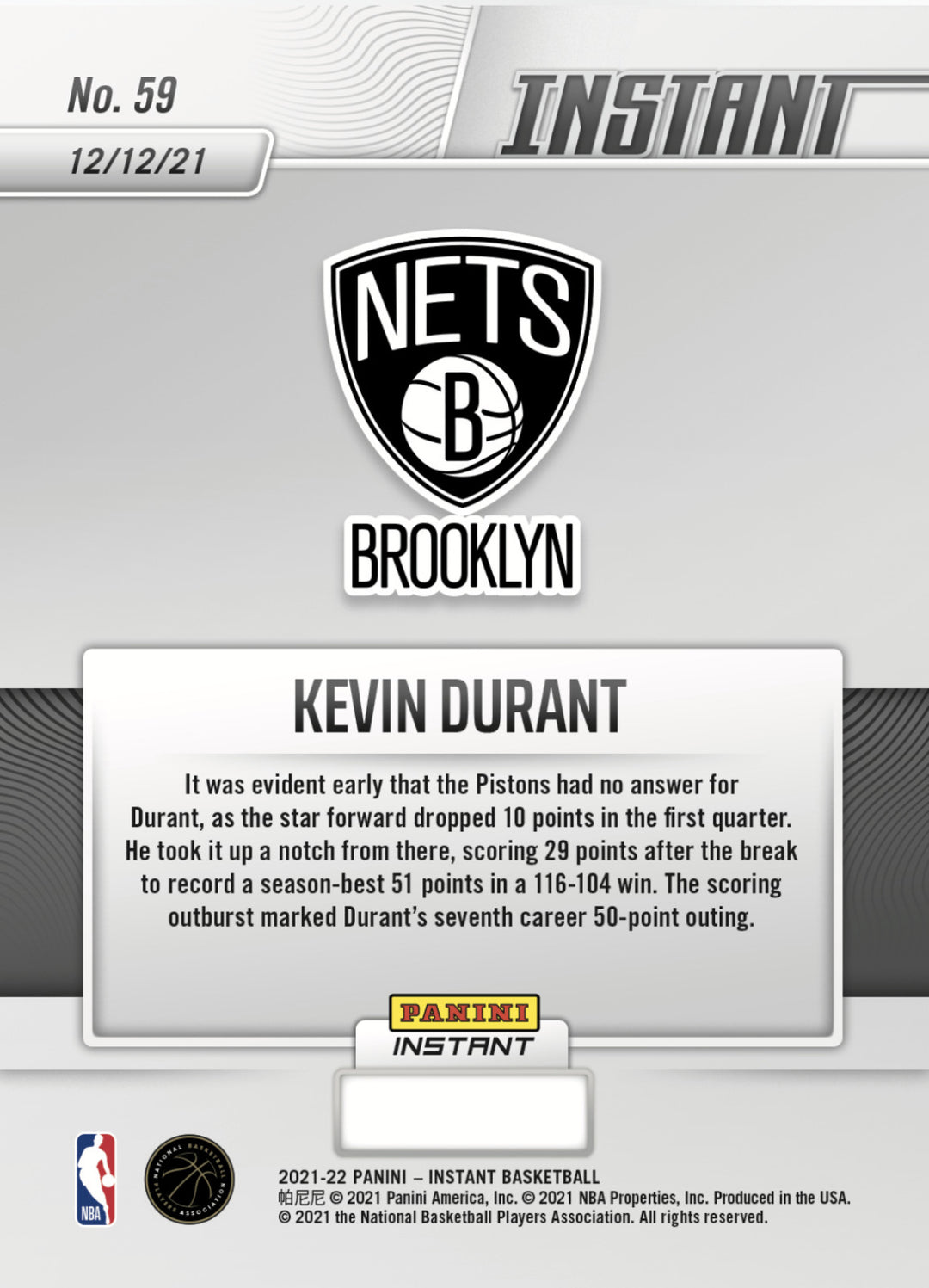 2021 KEVIN DURANT DROPS SEASON-BEST 51 POINTS IN WIN PANINI INSTANT NBA CARD #59