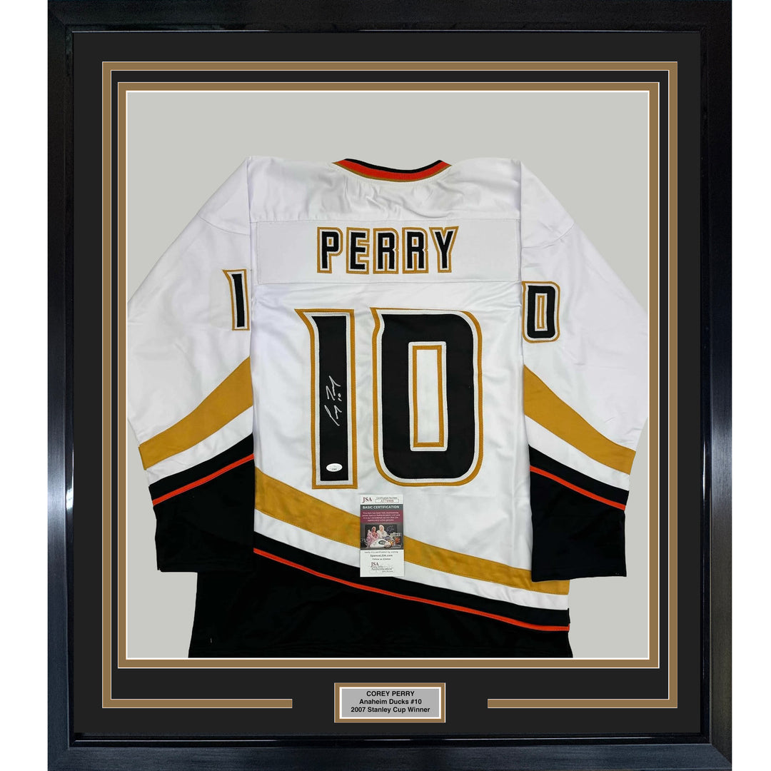Framed Autographed/Signed Corey Perry 35x39 Anaheim White Hockey Jersey JSA COA