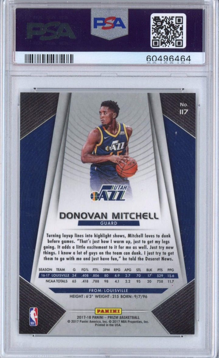 Graded 2017-18 Panini Prizm Donovan Mitchell #117 Rookie RC Card PSA 10 Mint