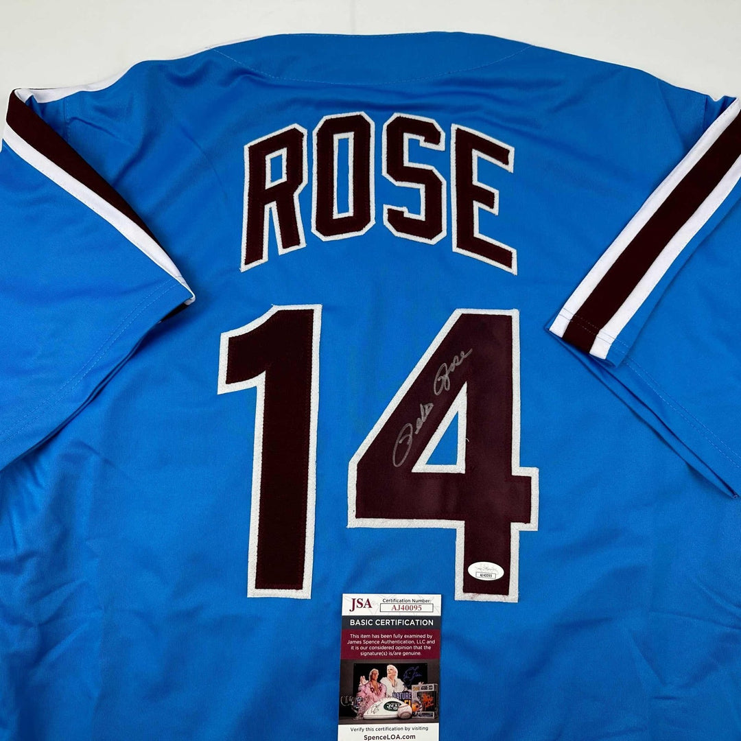 Autographed/Signed Pete Rose Philadelphia Retro Blue Jersey JSA COA
