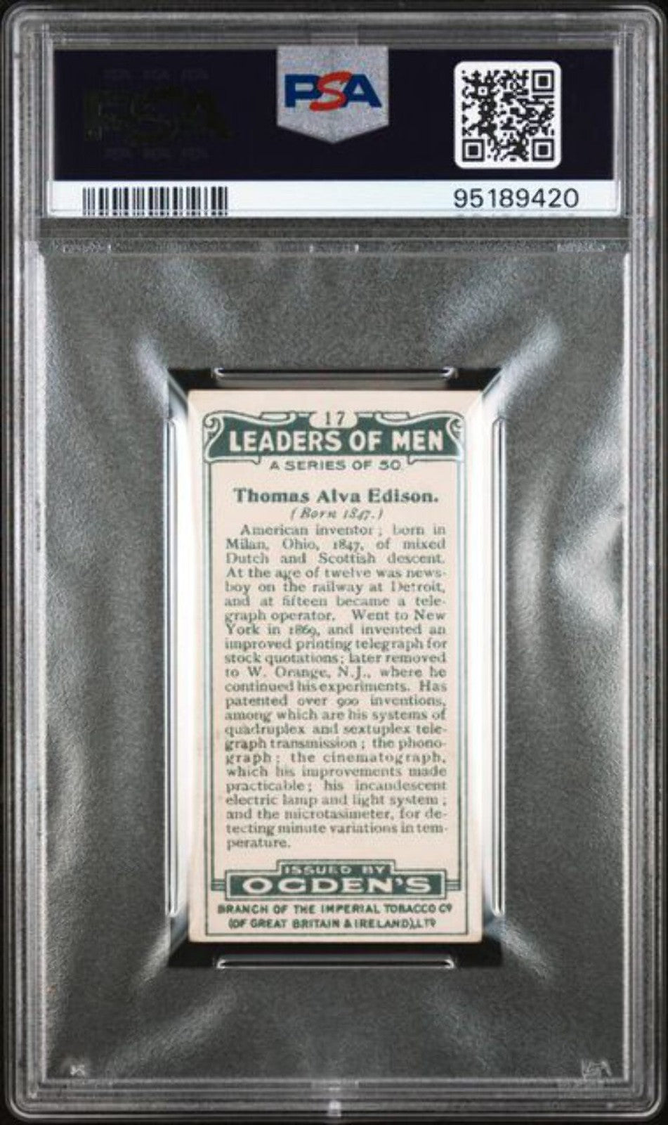 Graded 1924 Ogden's LTD. Leaders of Men Thomas Edison #17 Tobacco Card PSA 7