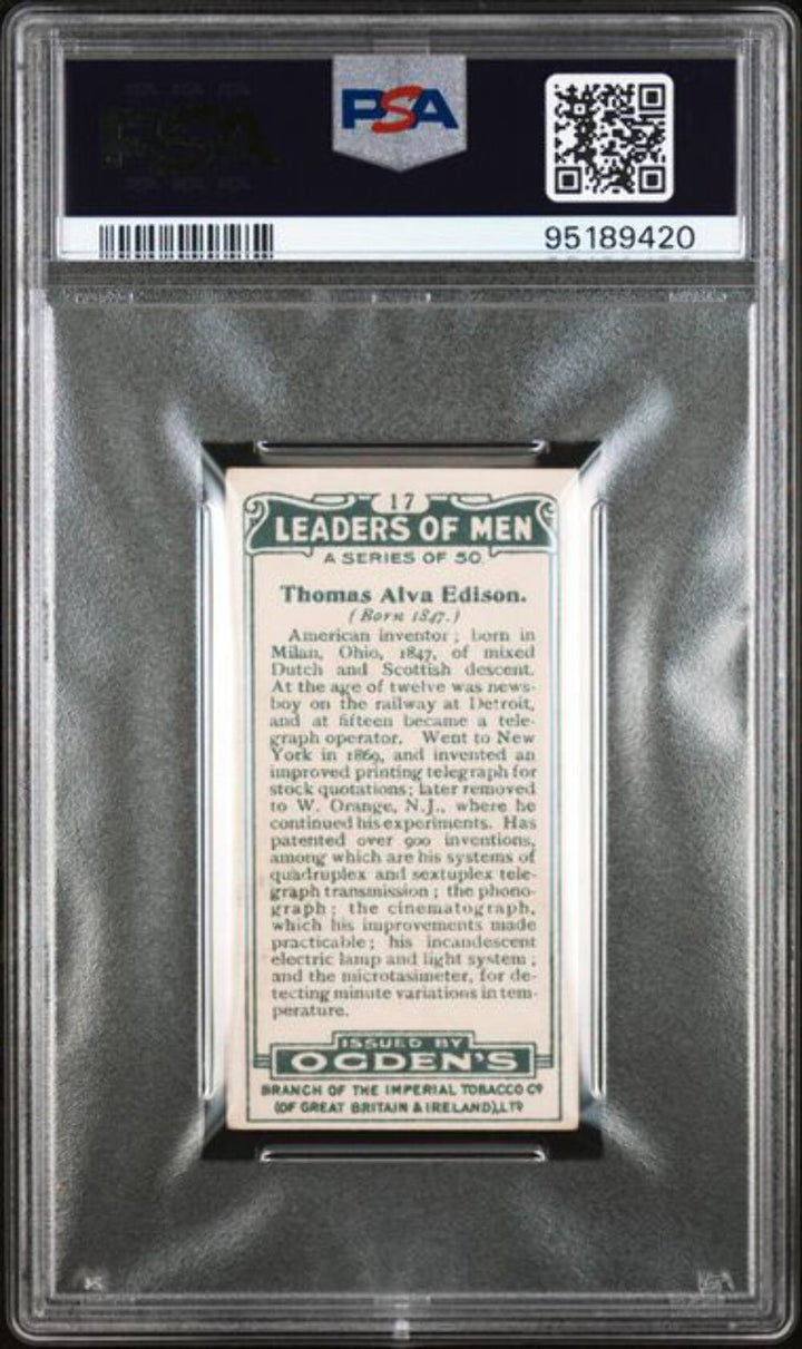 Graded 1924 Ogden's LTD. Leaders of Men Thomas Edison #17 Tobacco Card PSA 7