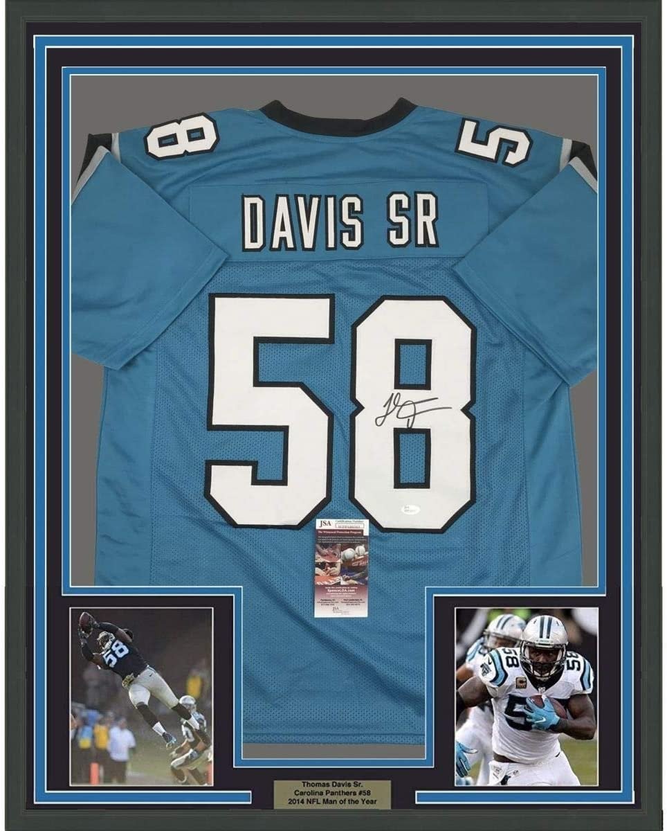 Framed Signed Thomas Davis Sr. 35x39 Carolina Blue Jersey JSA COA