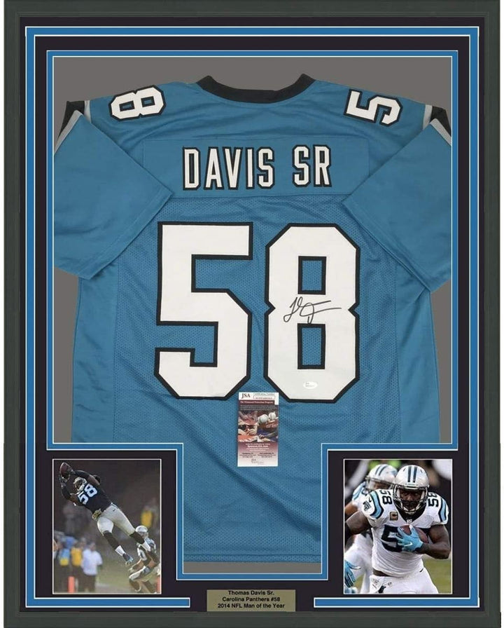 Framed Signed Thomas Davis Sr. 35x39 Carolina Blue Jersey JSA COA