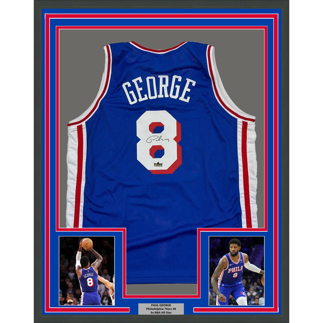 Framed Facsimile Autographed Paul George 35x39 Blue Reprint Laser Auto Jersey