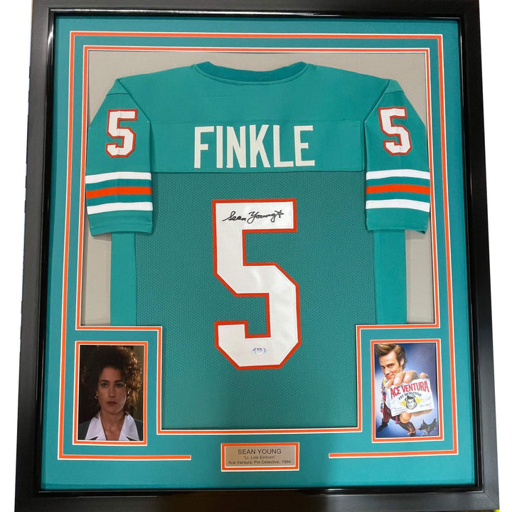 FRAMED Autographed/Signed SEAN YOUNG 33x42 Ray Finkle Miami Teal Jersey PSA COA