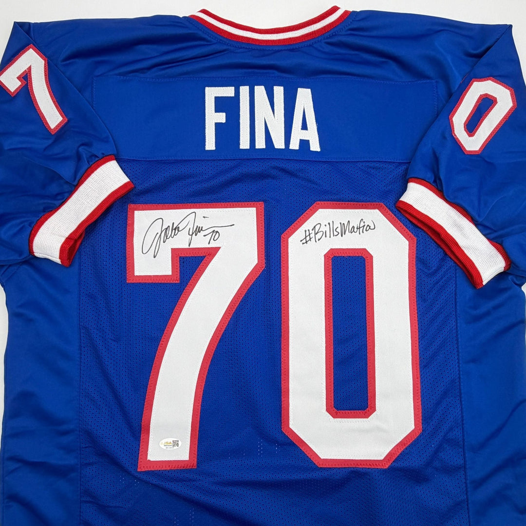 Autographed/Signed John Fina Buffalo Blue Football Jersey JSA COA