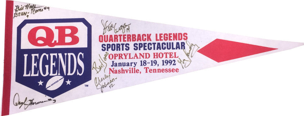 Bert Jones,Steve Grogan,Greg Landry signed 92 QB Legends Pennant-6 sigs- JSA