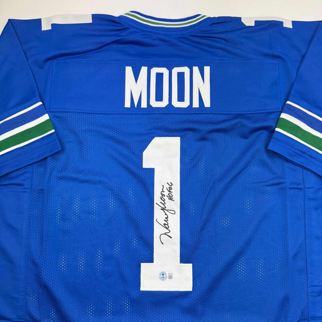 Autographed/Signed Warren Moon HOF 06 Seattle Blue Retro Jersey Beckett BAS COA