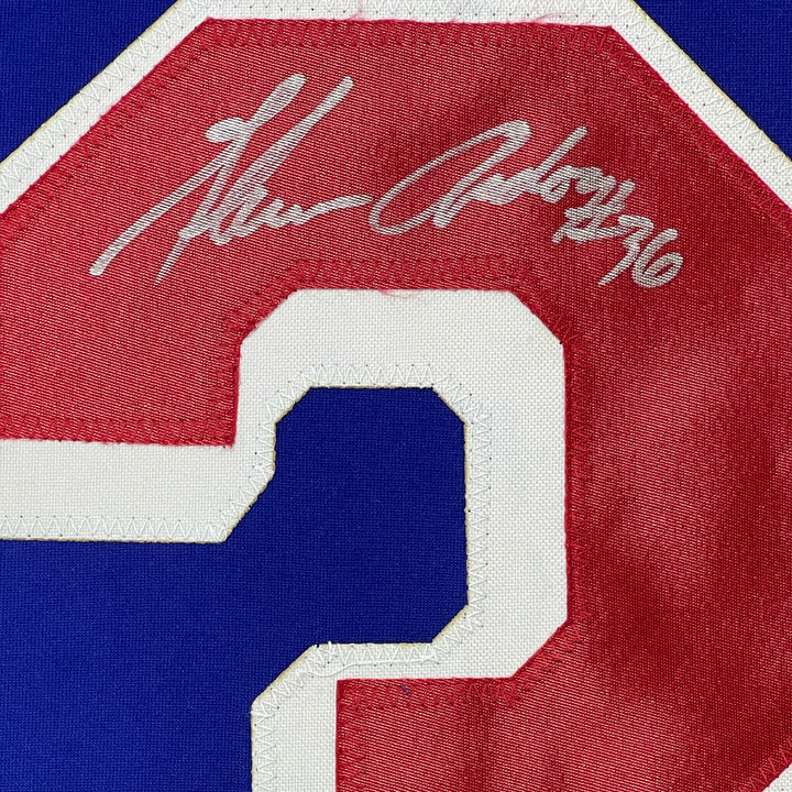 Framed Autographed/Signed Glenn Anderson 94 SC 33x42 NY Blue Jersey JSA COA