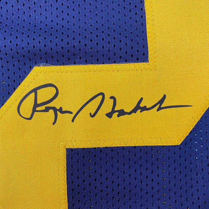 Framed Facsimile Autographed Roger Staubach 33x42 Blue Reprint Laser Auto Jersey