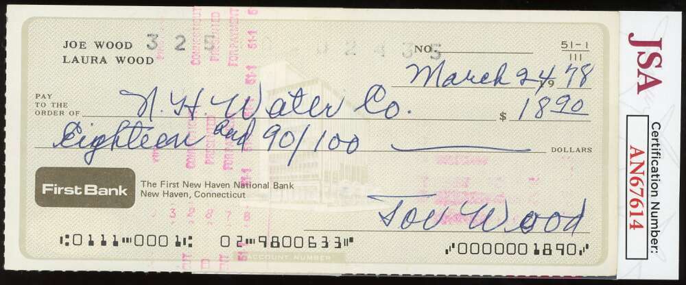 Joe Wood JSA Cert Signed 1978 Personal Check Autograph