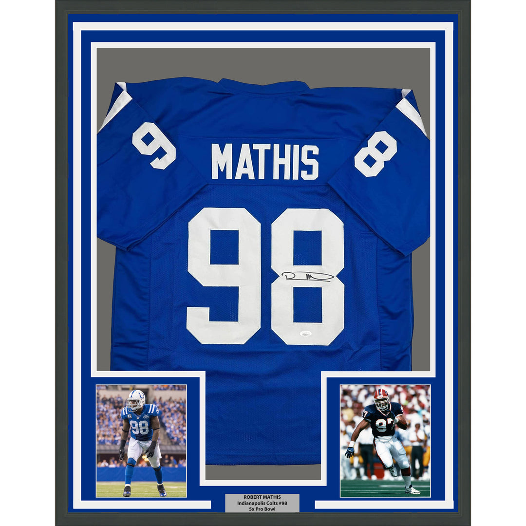 Framed Autographed/Signed Robert Mathis 35x39 Indianapolis Blue Jersey JSA COA