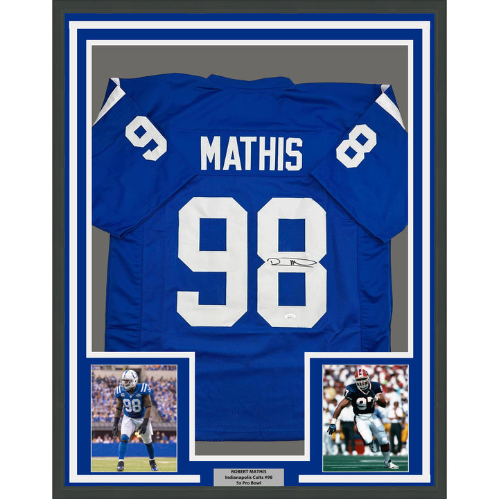 Framed Autographed/Signed Robert Mathis 35x39 Indianapolis Blue Jersey JSA COA