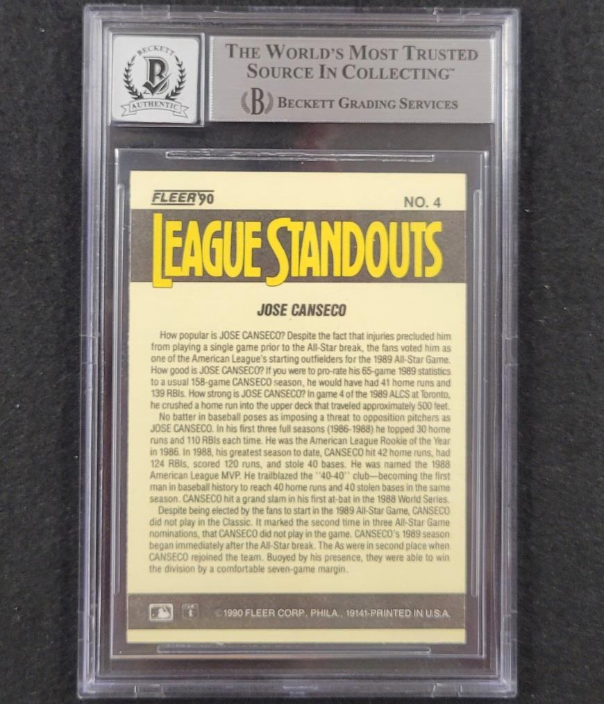 Jose Canseco signed 1990 Fleer League Standouts #4 card 578 Beckett BAS 10 auto