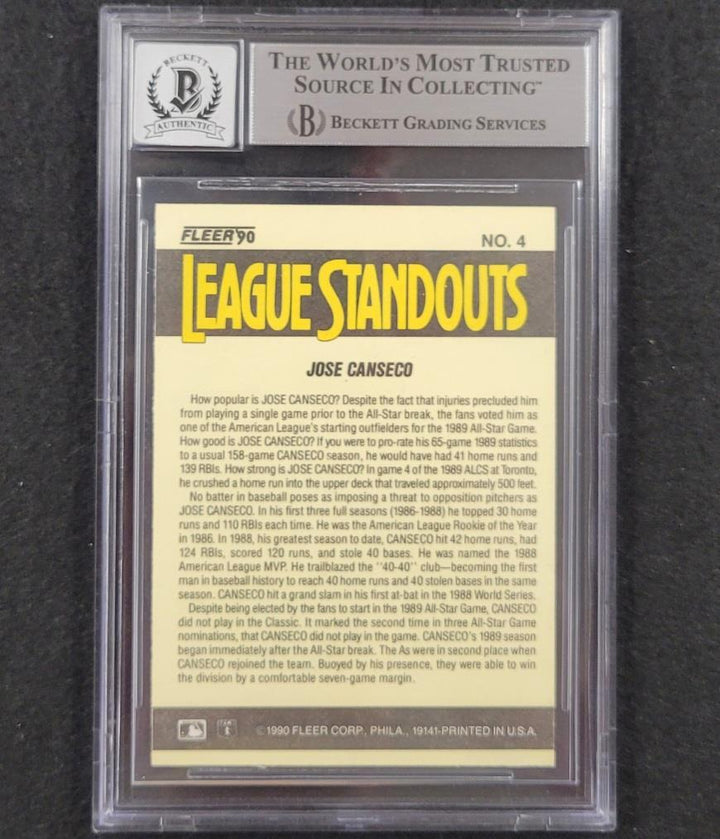 Jose Canseco signed 1990 Fleer League Standouts #4 card 578 Beckett BAS 10 auto