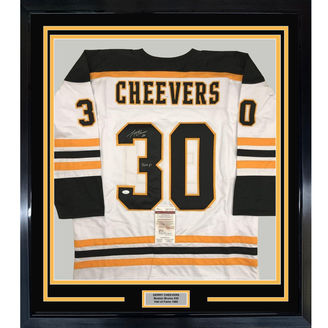 FRAMED Autographed/Signed GERRY CHEEVERS HOF 33x42 Boston White Jersey JSA COA