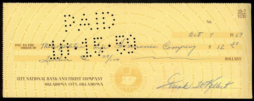 Frank Kellert JSA Coa Signed 1959 Personal Check Autograph