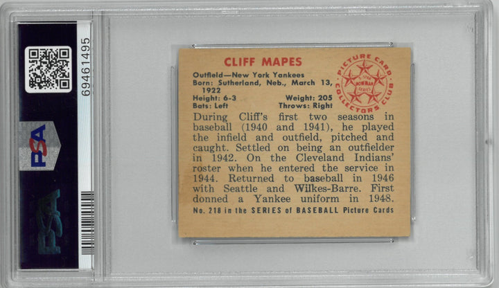 Cliff Mapes 1950 Bowman Baseball Card #218- Without Copyright-PSA Graded 4 VG-EX