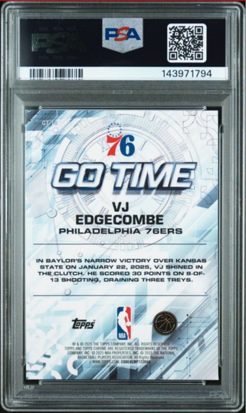 Graded 2025 Topps Chrome VJ Edgecombe #GT18 Go Time Rookie Card PSA 10 Gem Mint