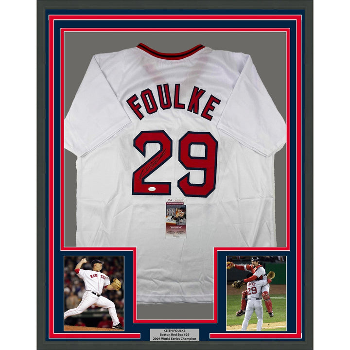 Framed Autographed/Signed Keith Foulke 35x39 Boston White Jersey JSA COA
