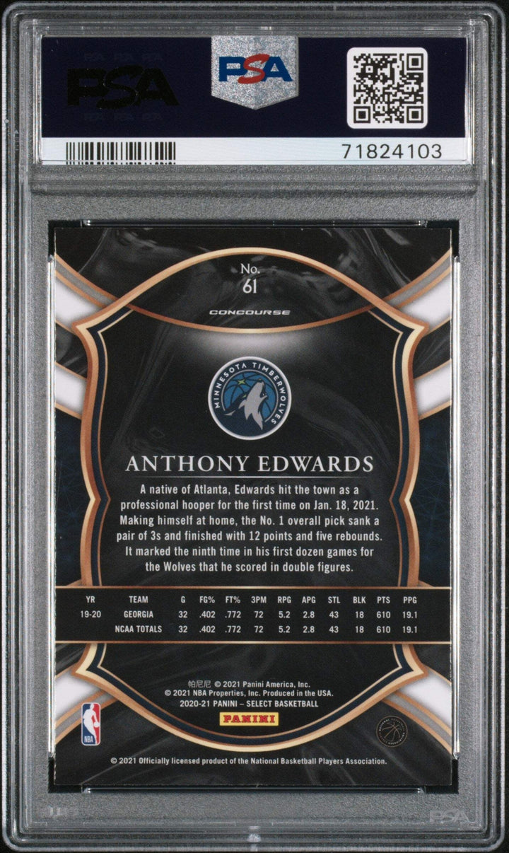 Graded 2020 Panini Select Anthony Edwards #61 Rookie RC Basketball Card PSA 10