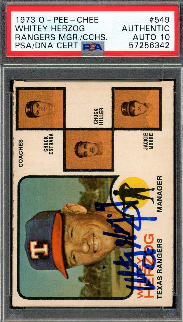 Whitey Herzog Gem Mint 10 PSA DNA Signed 1973 O-Pee-Chee Autograph