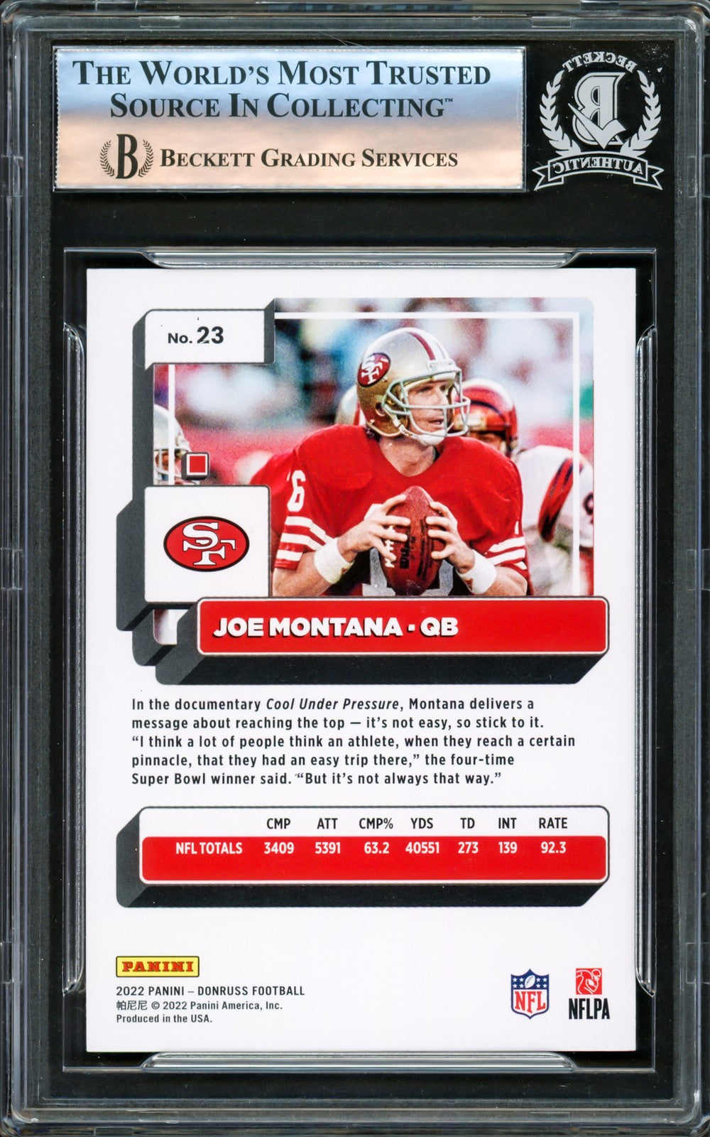 Joe Montana Autographed Signed 2022 Donruss Card 23 San Francisco 49ers Beckett