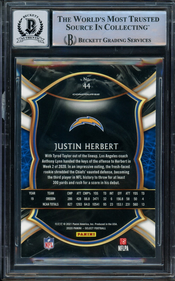 Justin Herbert Signed 2020 Select RC 44 Chargers BGS 9 Auto GM 10 Beckett
