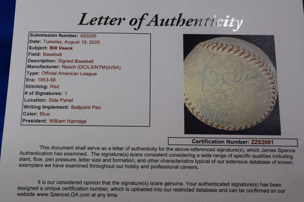 Bill Veeck JSA LOA Autograph American League OAL Signed Baseball