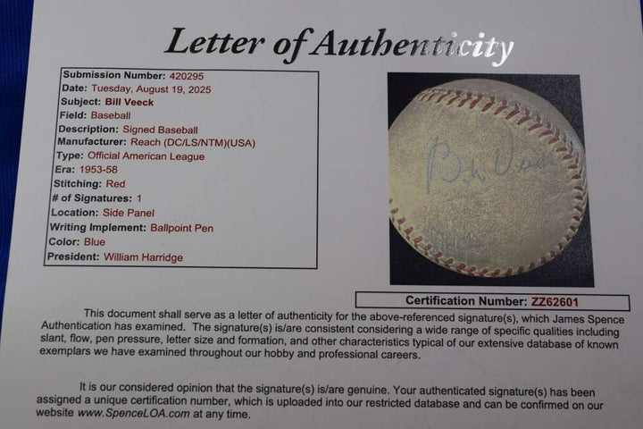 Bill Veeck JSA LOA Autograph American League OAL Signed Baseball