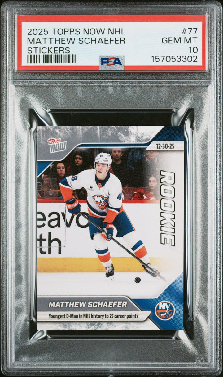 Graded 2025 Topps Now Matthew Schaefer #77 Rookie RC Card PSA 10