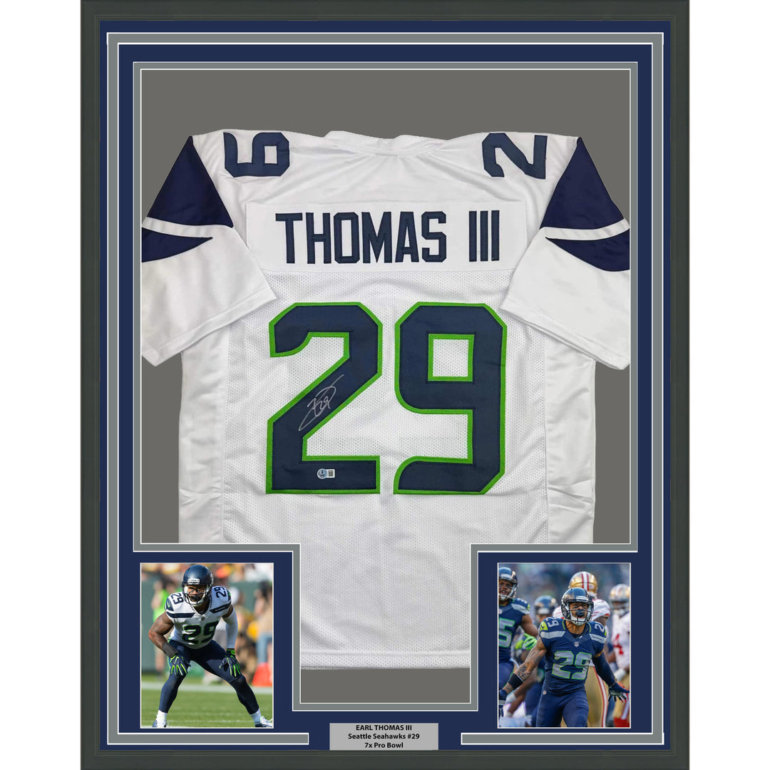 Framed Autographed/Signed Earl Thomas III 35x39 Seattle White Jersey Beckett COA