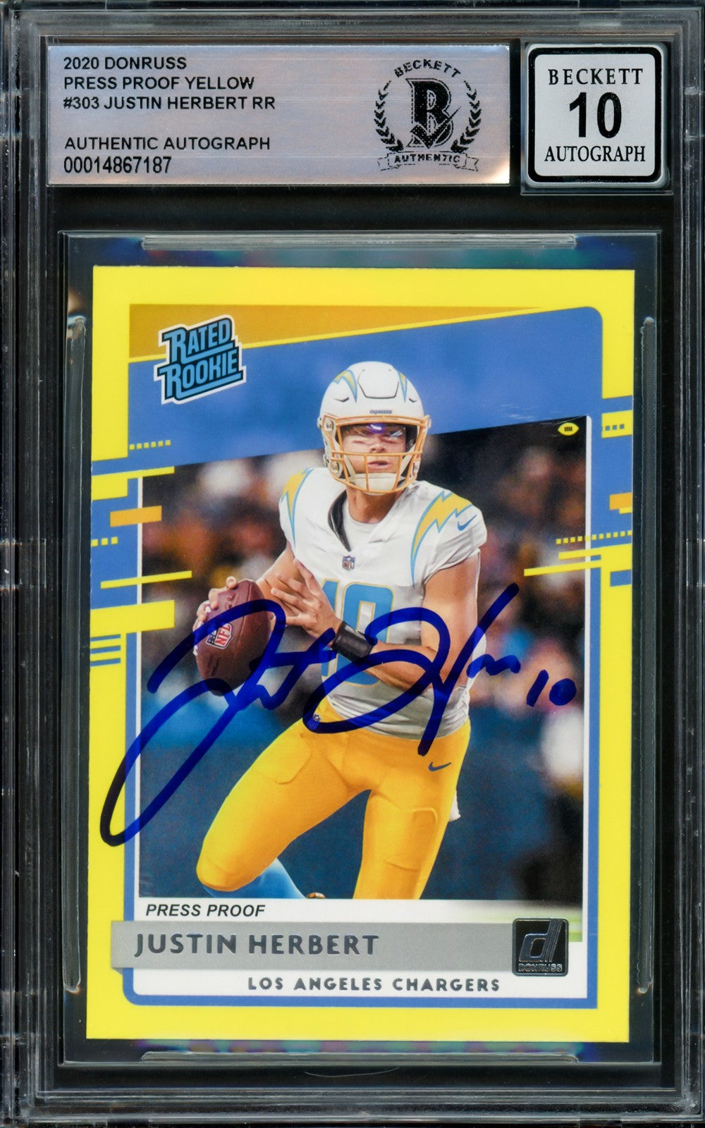 Justin Herbert Signed 2020 Panini Donruss Rated Yellow RC 303 Sig 10 Beckett