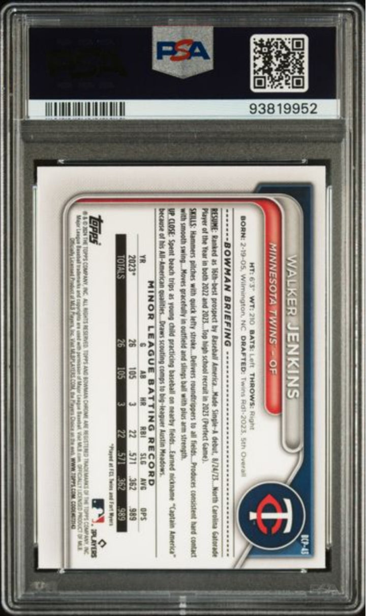 Graded 2024 Bowman Walker Jenkins #BCP43 Lunar Glow RC Baseball Card PSA 10