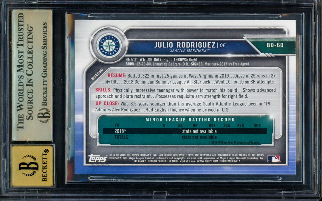 Julio Rodriguez Auto 2019 Bowman Draft RC BD60 Mariners BGS 9.5 Auto 10 Beckett