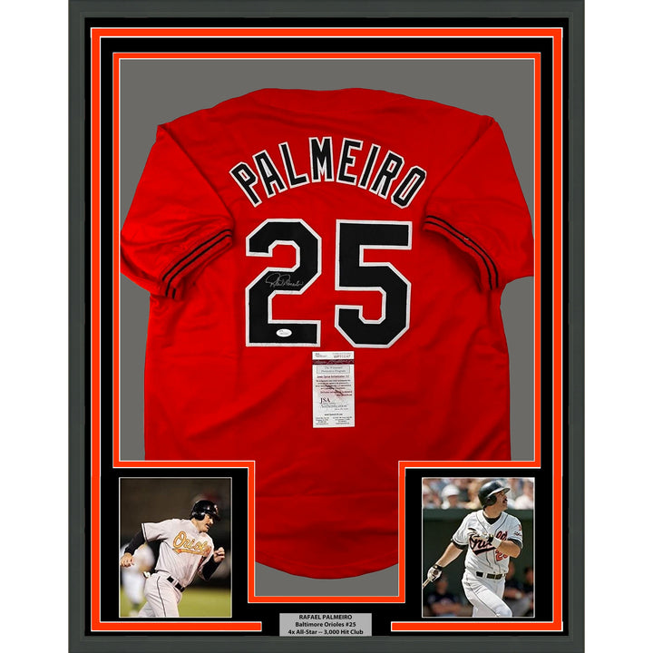 Framed Autographed/Signed Rafael Palmeiro 33x42 Baltimore Orange Jersey JSA COA