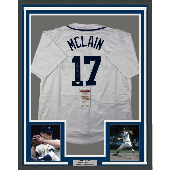 FRAMED Autographed/Signed DENNY MCLAIN 33x42 Detroit White Jersey JSA COA
