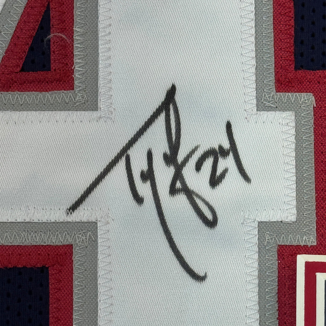 Framed Autographed/Signed Ty Law 35x39 New England Blue Football Jersey JSA COA