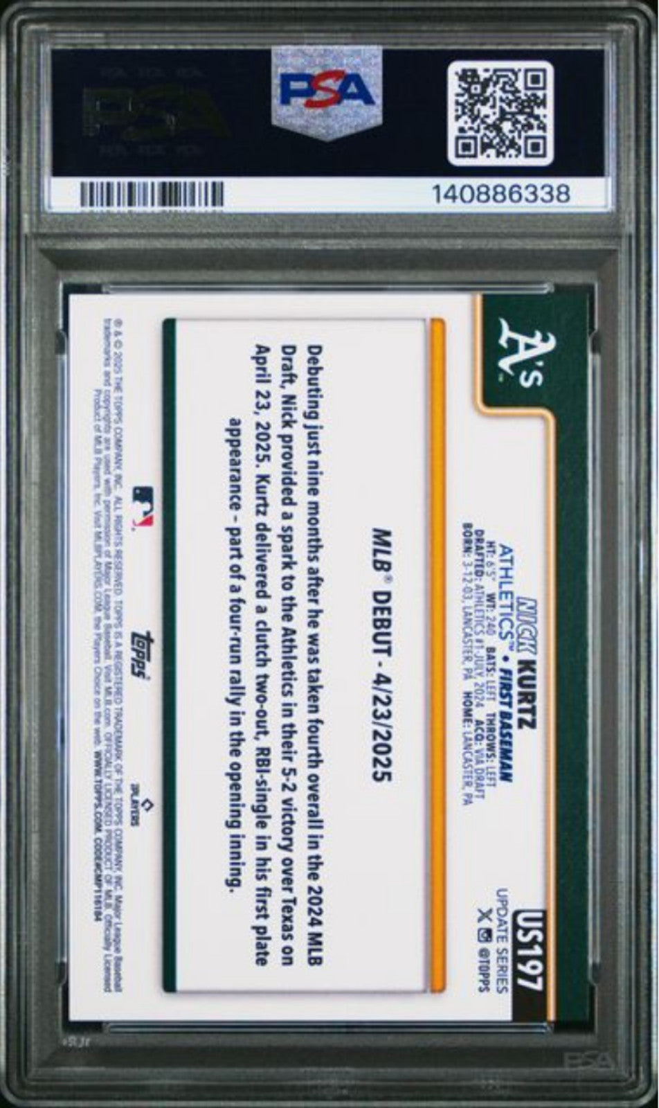 Graded 2025 Topps Update Nick Kurtz #197 Rookie RC Baseball Card PSA 10 Gem Mint