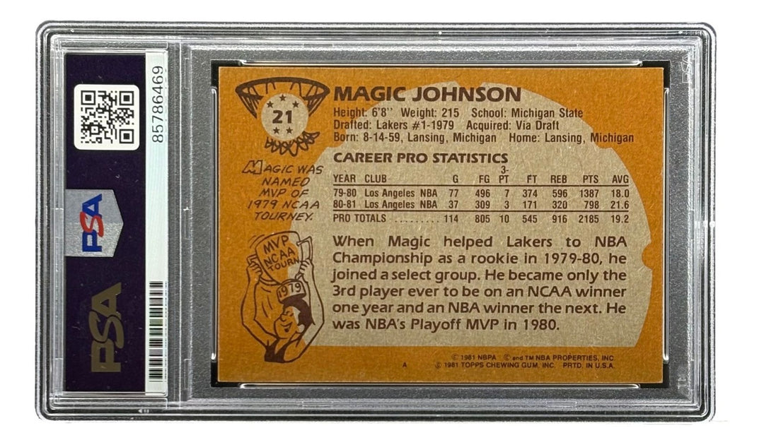 Magic Johnson Signed On Card 1981 Topps #21 Lakers Trading Card PSA Auto 10