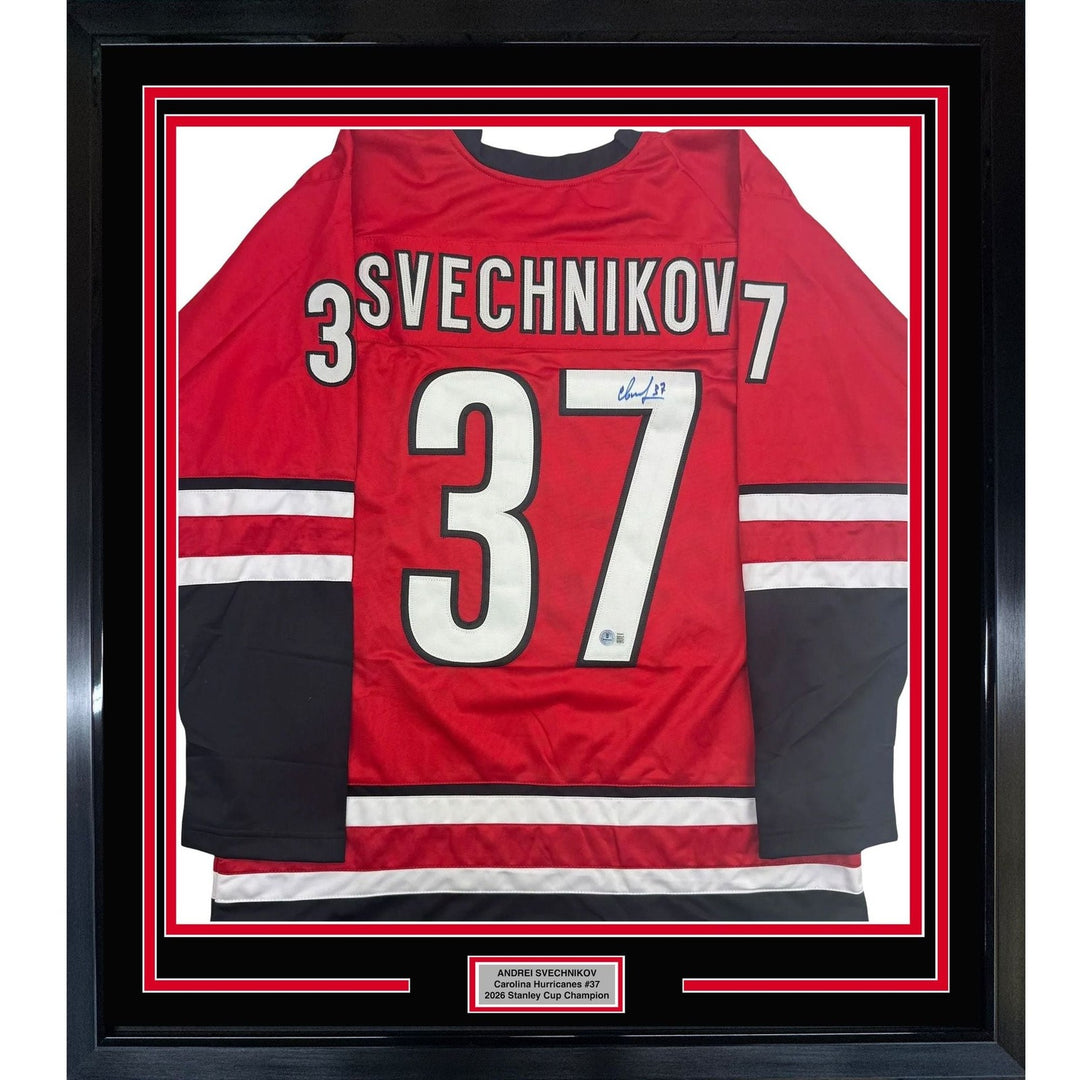 Framed Autographed Andrei Svechnikov 35x39 Carolina Red Jersey Beckett COA