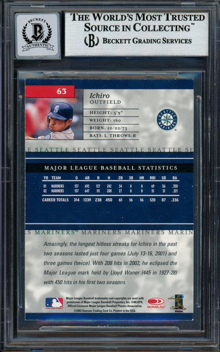 Ichiro Suzuki Auto Signed 2003 Donruss Elite Card 63 Mariners Auto GM 10 Beckett