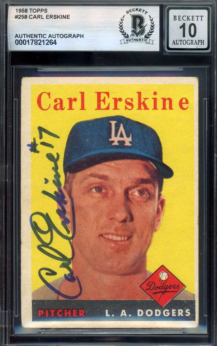 Carl Erskine Gem Mint 10 Beckett BAS Signed 1958 Topps Autograph