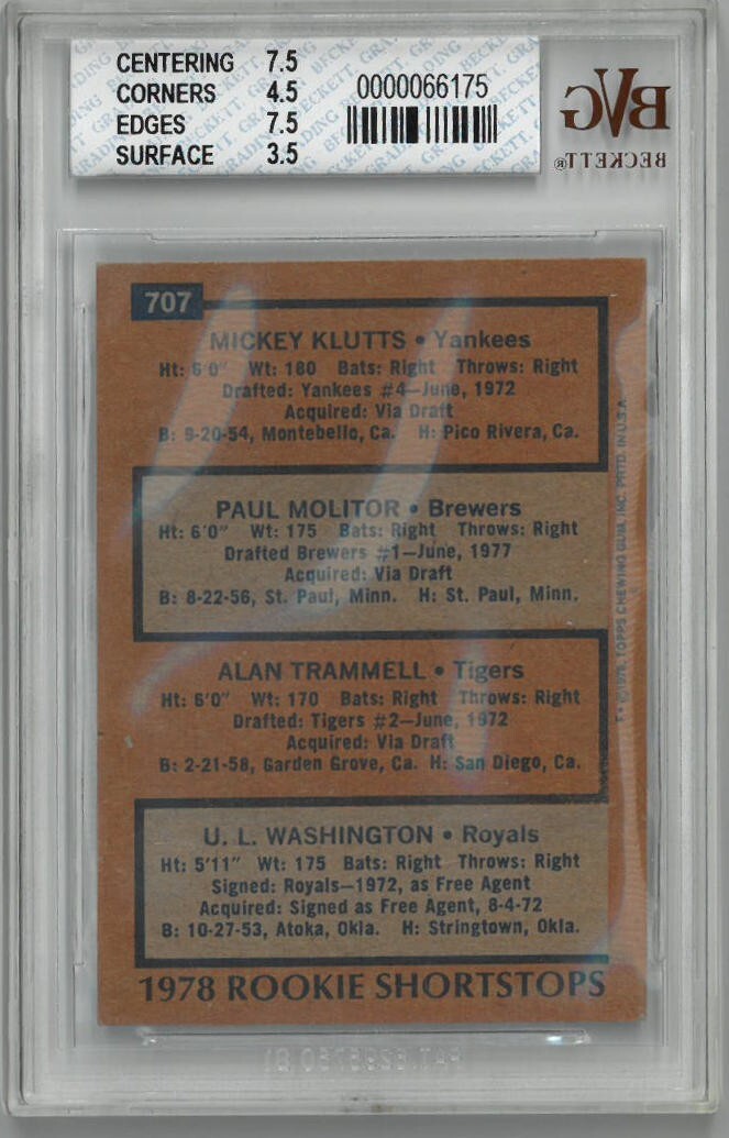 1978 Topps Rookie Shortstops Paul Molitor/Alan Trammell Card #707-BVG Graded 4.5