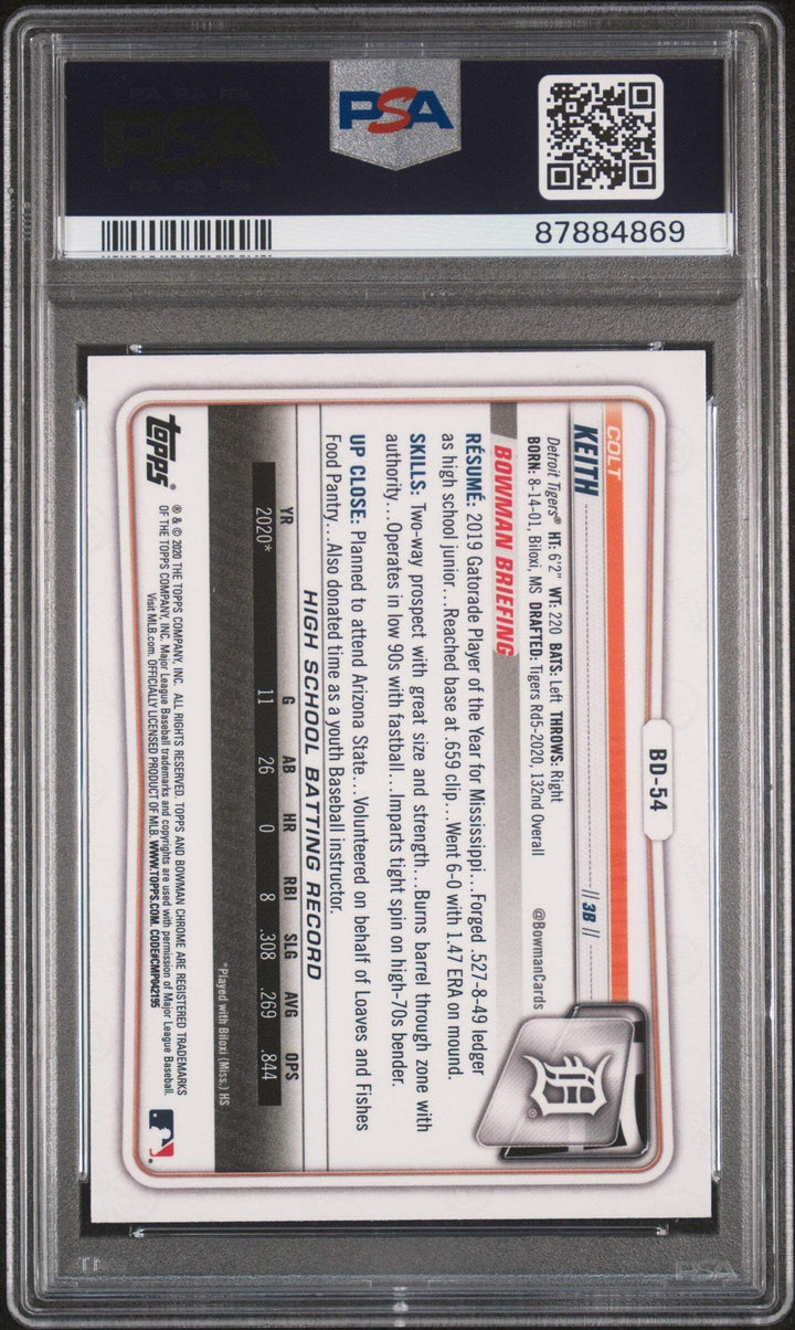 Graded 2020 Topps Bowman Draft Colt Keith #BD54 Chrome RC Baseball Card PSA 10