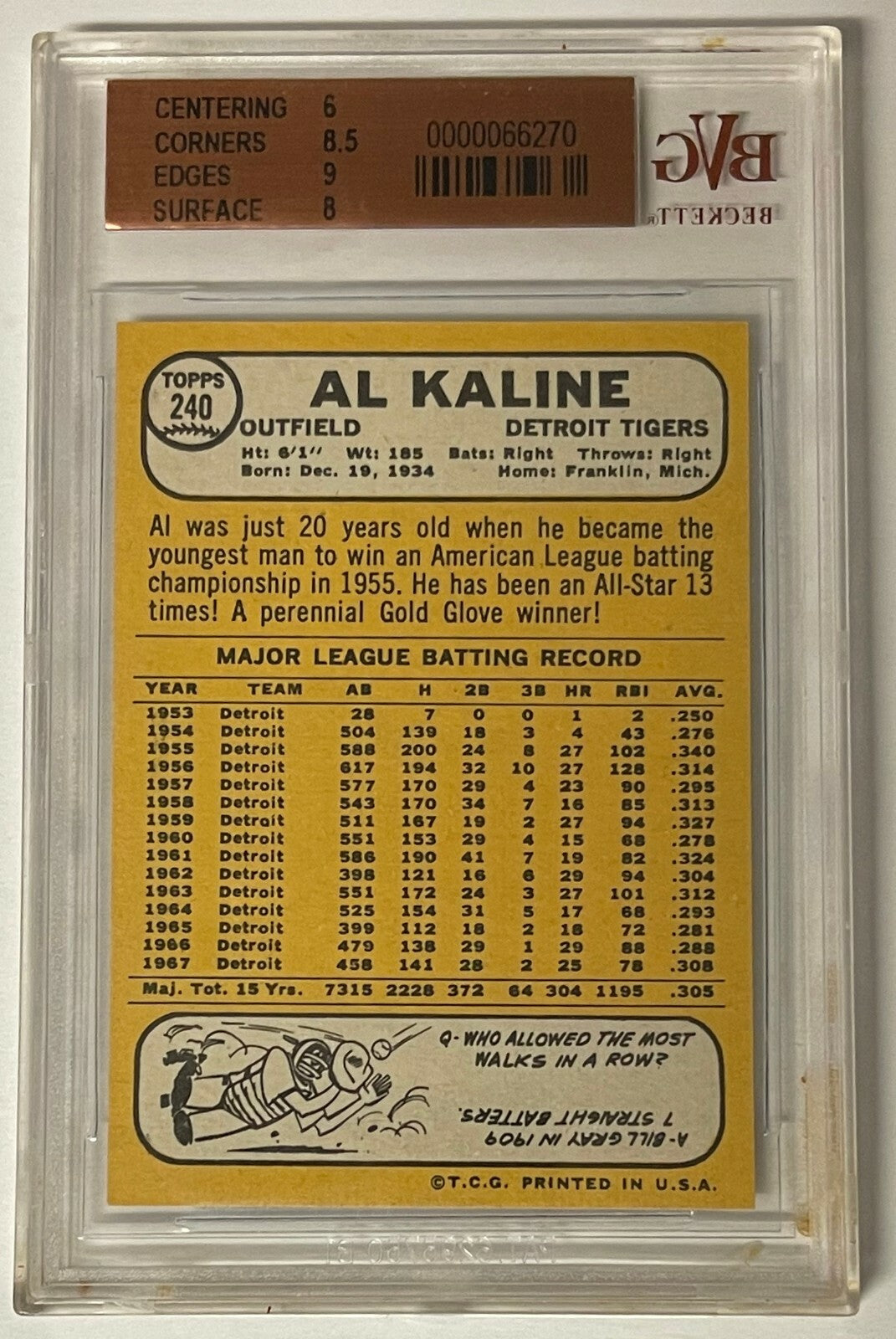Al Kaline 1968 Topps Baseball Card #240- BVG Graded 7 Near Mint w/Sub Grades