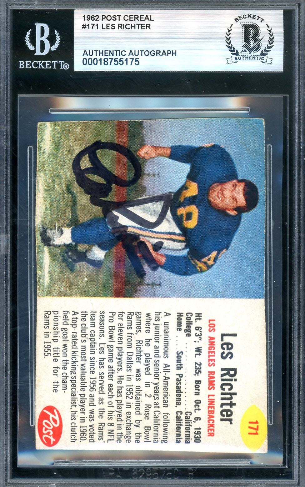 Les Richter Beckett BAS Signed 1962 Post Cereal Autograph Rams