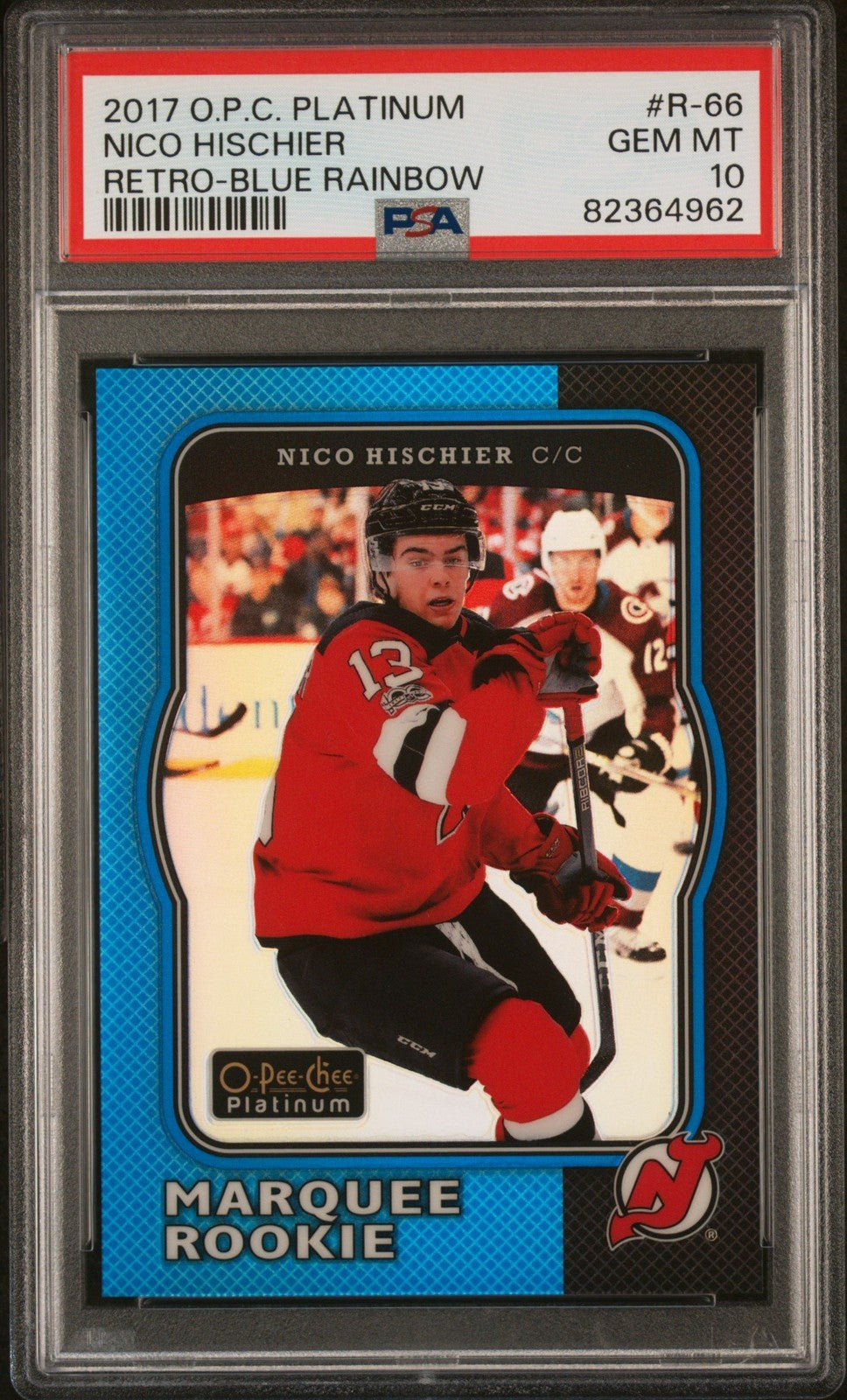 Graded 2017 UD Plat Nico Hischier #R66 Ret-Blue Rainbow #/149 Card PSA 10